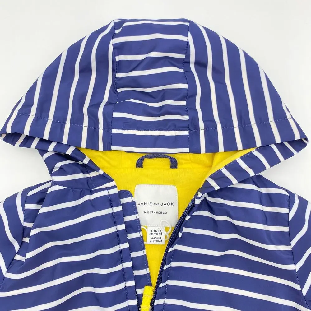 Janie & Jack Boy's Navy Striped Hooded Lined Windbreaker Size 6-12M
